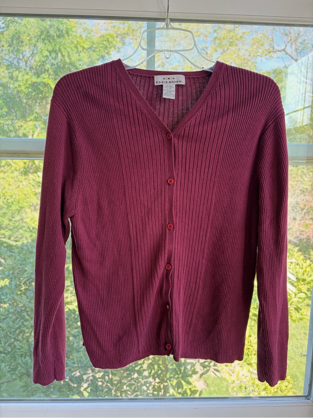 AKA Eddie Bauer Ribbed V-Neck Cardigan Sweater Burgundy Maroon Size Large